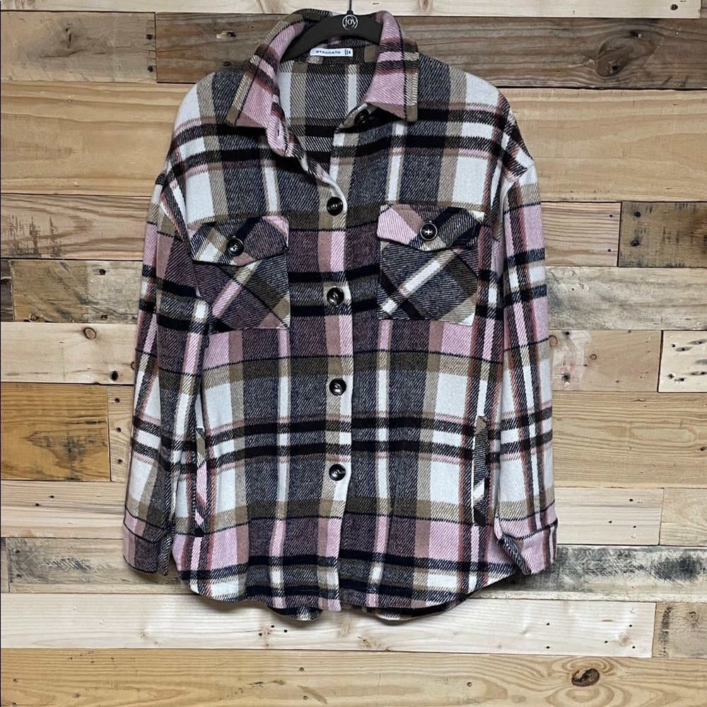 Staccato size Medium Plaid Shirt Jacket in Pink and Brown Super Soft Oversized